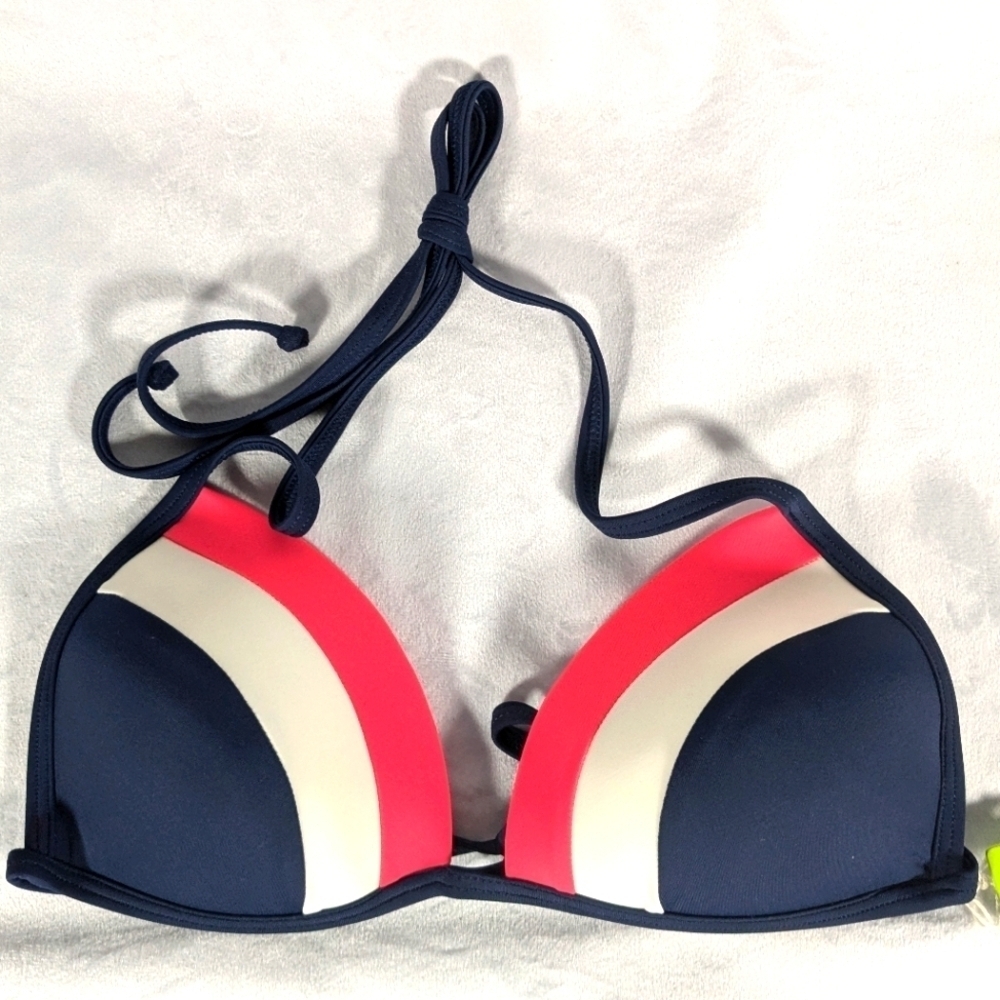 NWT Lori Coulter Triangle Tie Bikini Top Blue with Orange & White Accent Blocks